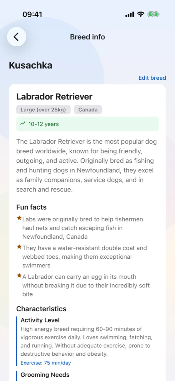 Breed info screen