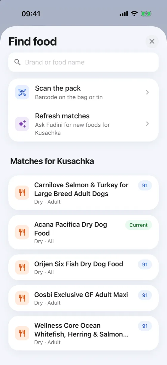 Food matches screen