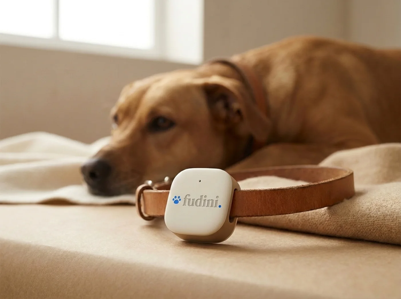 A dog resting, wearing a collar with the Fudini module on the strap.