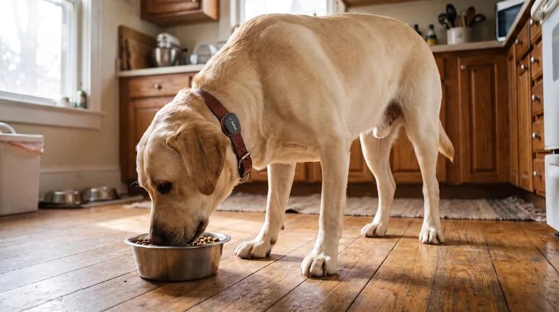Labrador eating from a bowl in a kitchen, wearing the Fudini collar sensor
