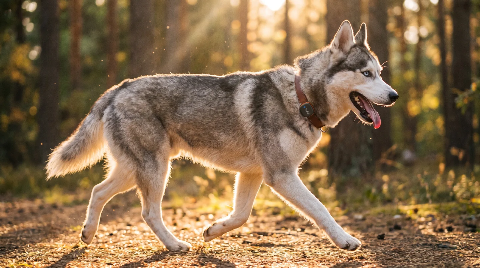 Siberian Husky trotting on a forest trail