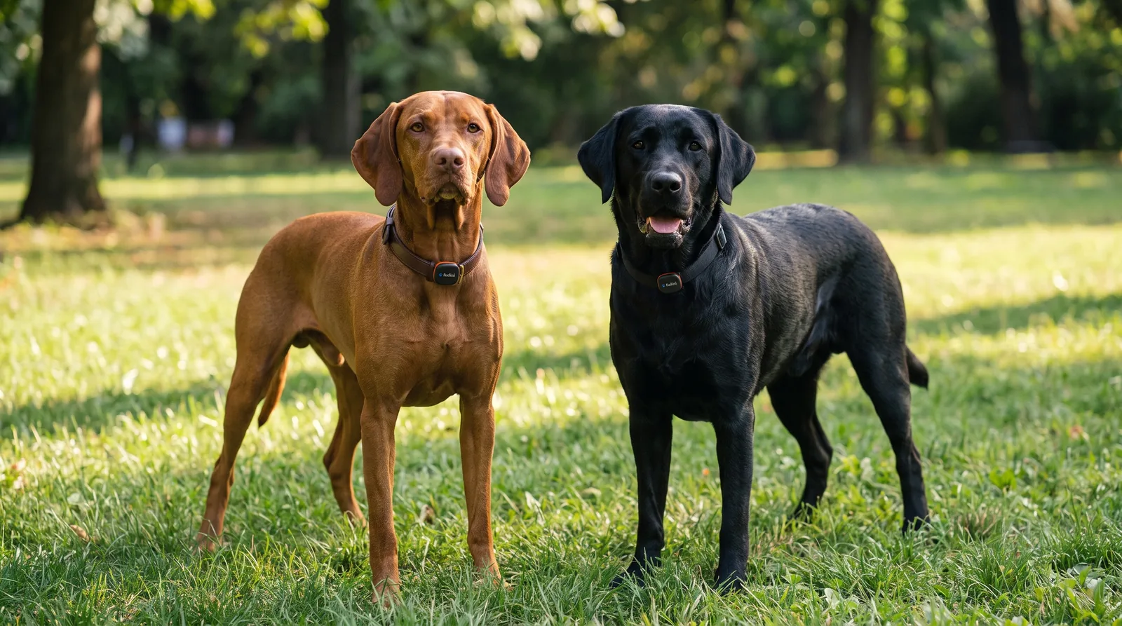 A Vizsla and a black Labrador in a park, both wearing the Fudini collar sensor