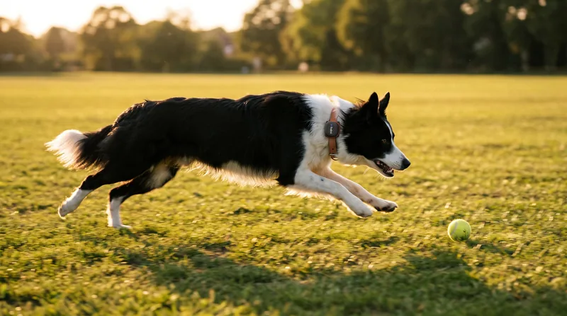 Border Collie chasing a ball in a field, wearing the Fudini collar sensor