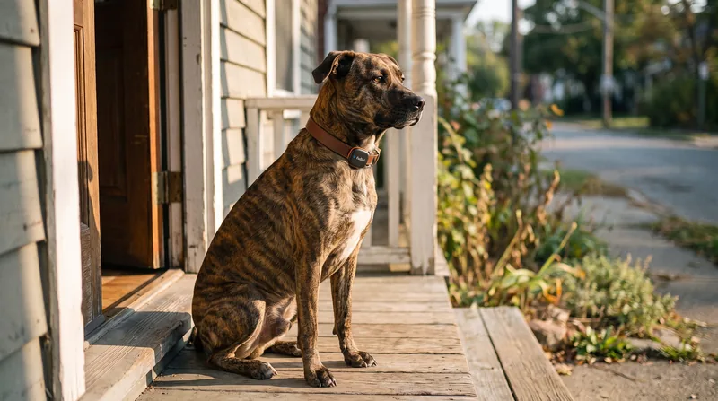 Brindle mixed-breed dog resting on a porch, wearing the Fudini collar sensor