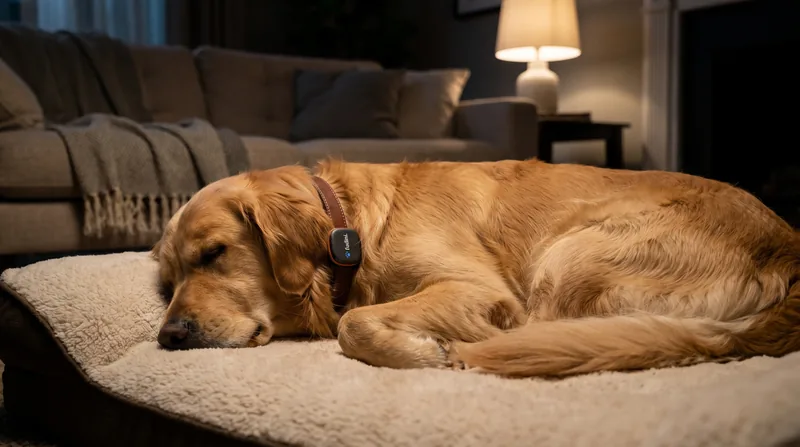 Golden Retriever asleep on a dog bed at night, wearing the Fudini collar sensor