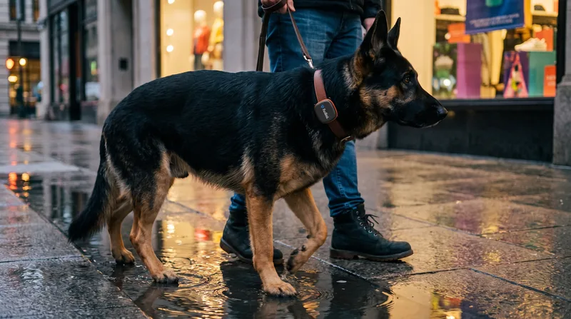 German Shepherd on a city walk at dusk, wearing the Fudini collar sensor