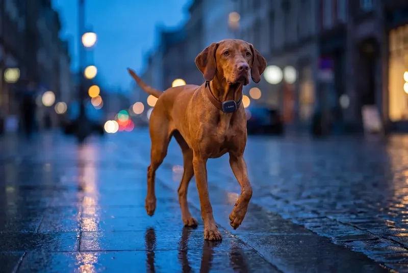 Vizsla trotting on a wet city street at blue hour, wearing the Fudini collar sensor